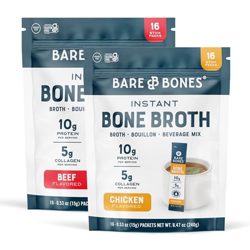 Bare Bones Bone Broth Instant Powdered Beverage Mix, Chicken & Beef, Variety Pack of 32, 16 Chicken & 16 Beef - 15g Sticks, 10g Protein, Keto & Paleo Friendly