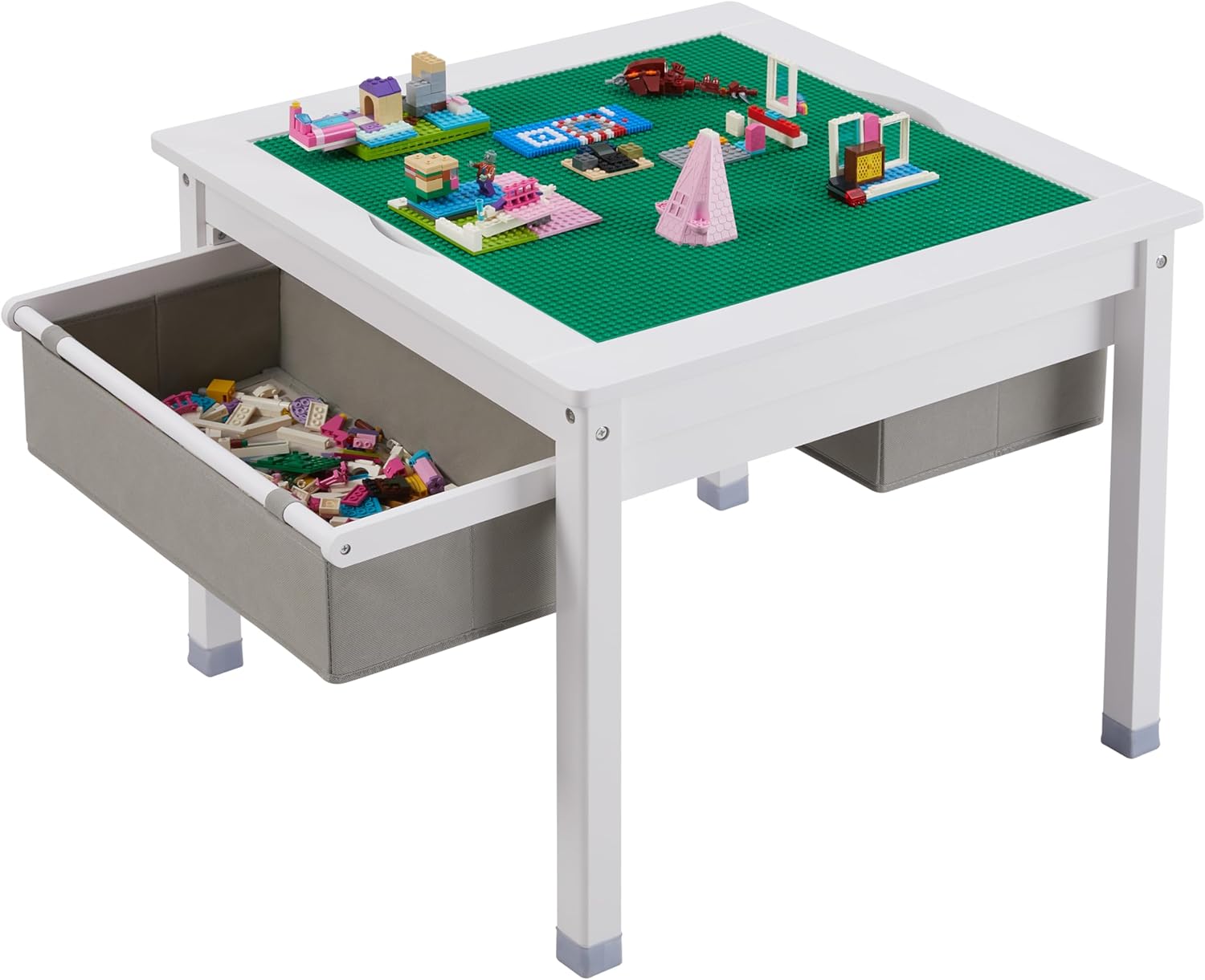 3 in 1 Kids Table with Storage Drawers, Wooden Toddler Construction Play Table with Detachable Blocks and Blackboard Tabletop, Compatible with Lego and Duplo Bricks (White)