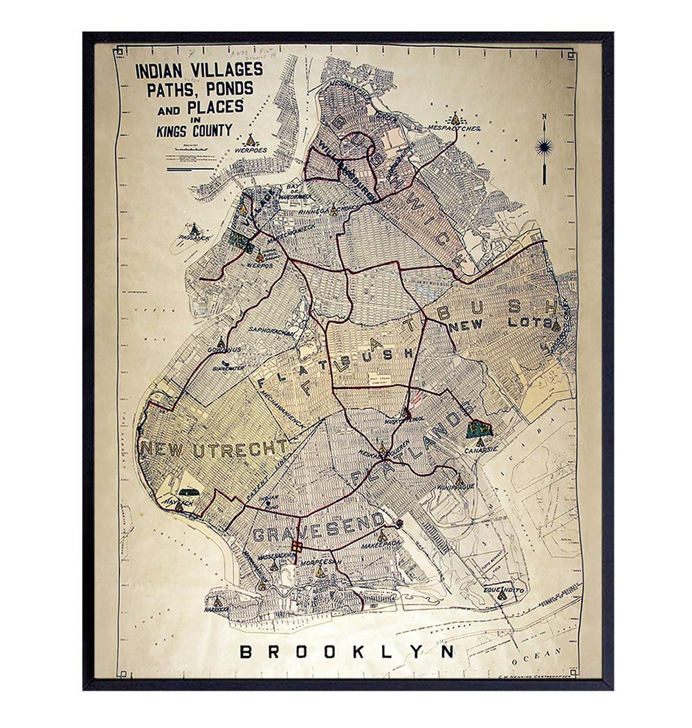 Brooklyn Map Poster Print - 8x10 NY Vintage Style Wall Decor, Home Decoration for Apartment, Office, Living Room, Bedroom - Unique Gift for New York, Manhattan or NYC Fan