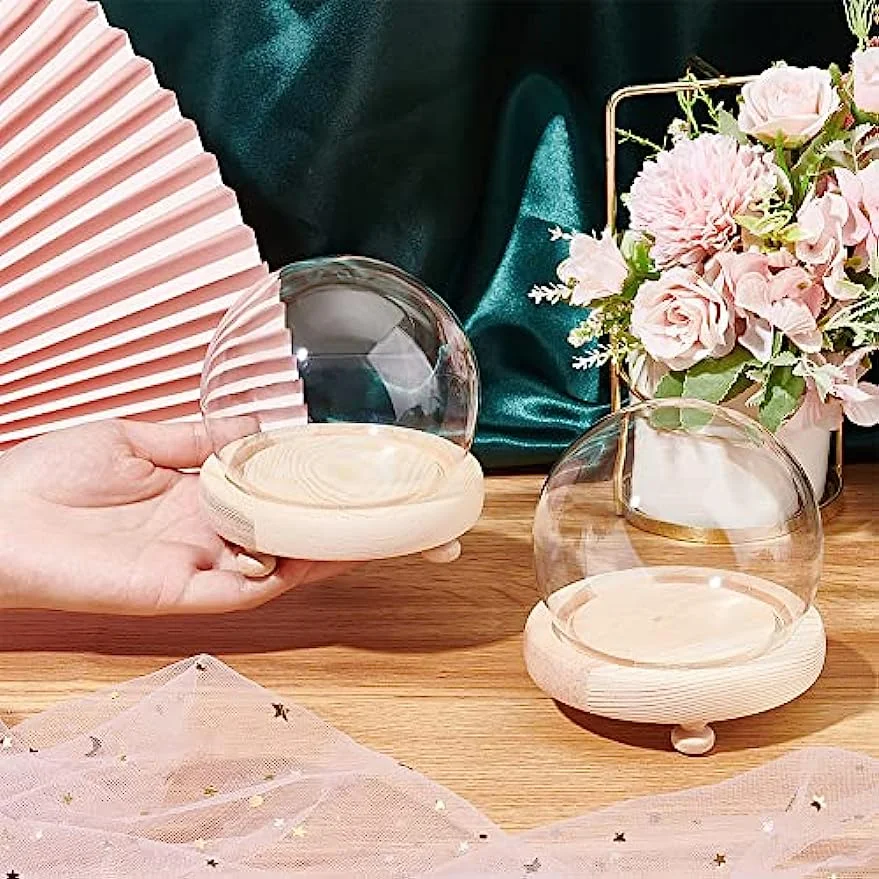 2 Sets Round Glass Display Dome Mini Glass Cloche Dome Clear Glass Display Dome Cover with Wood Base