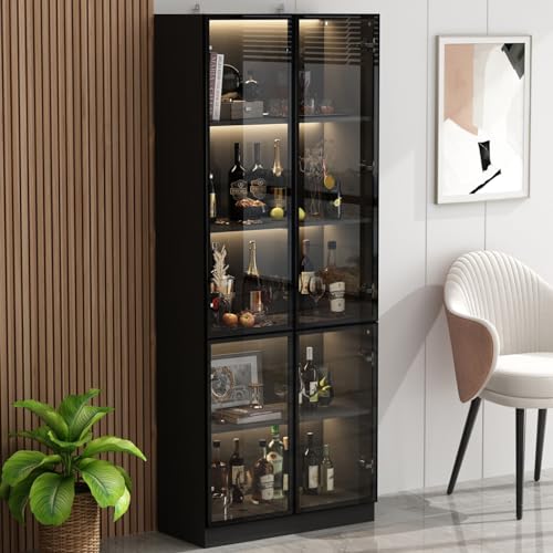 Hitow Glass Door Cabinet with Lights and 4 Storage Shelves, Tall Modern Display Storage Organizer with 2 Drawers and 2 Doors, Wooden Bookcase Bookshelf for Living Room, Home Office, Black