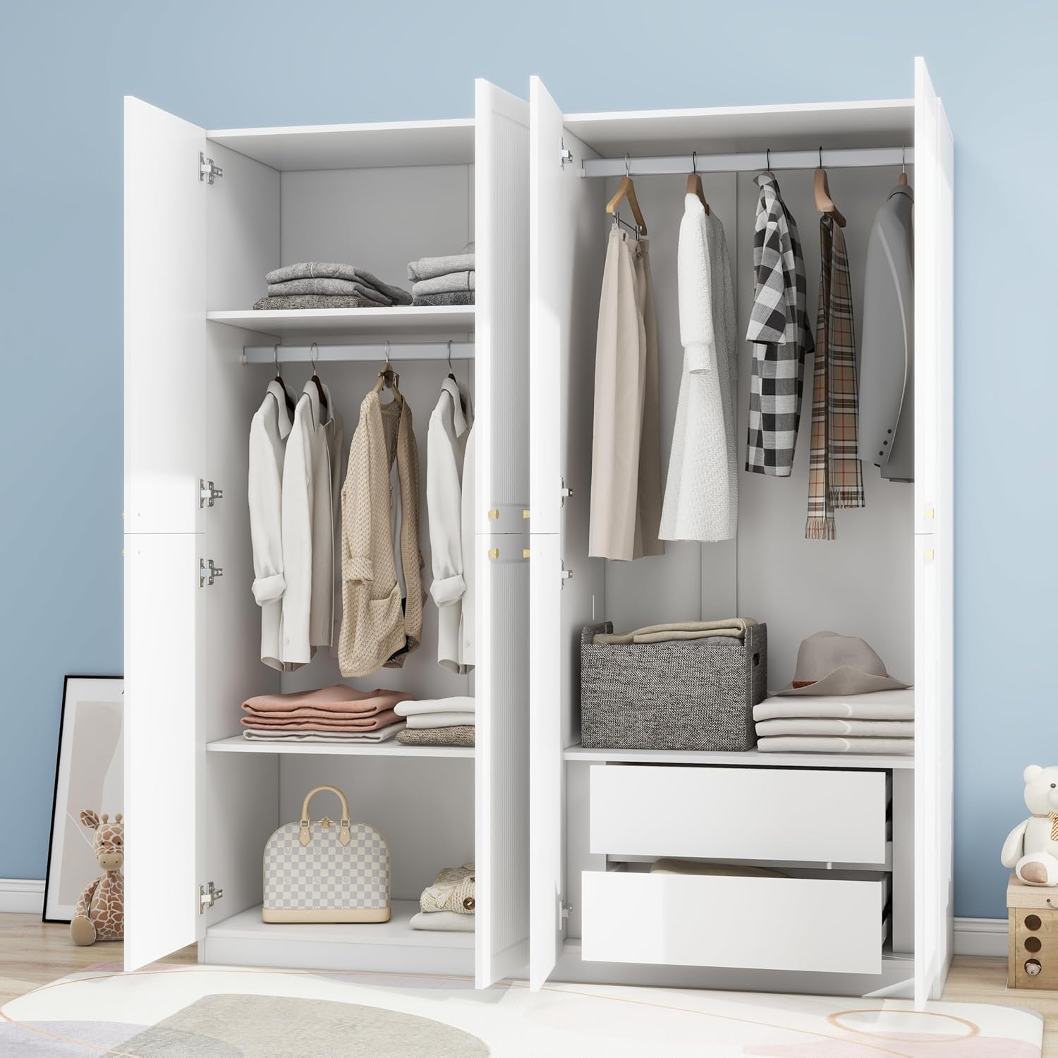 4 Door European Modern Wardrobe, Wood White Armoires with 2 Storage Drawers, Bedroom Armoires Clothes Storage Cabinet with Clothing Rods and Shelves, Bedroom Furniture Wardrobe Armoires