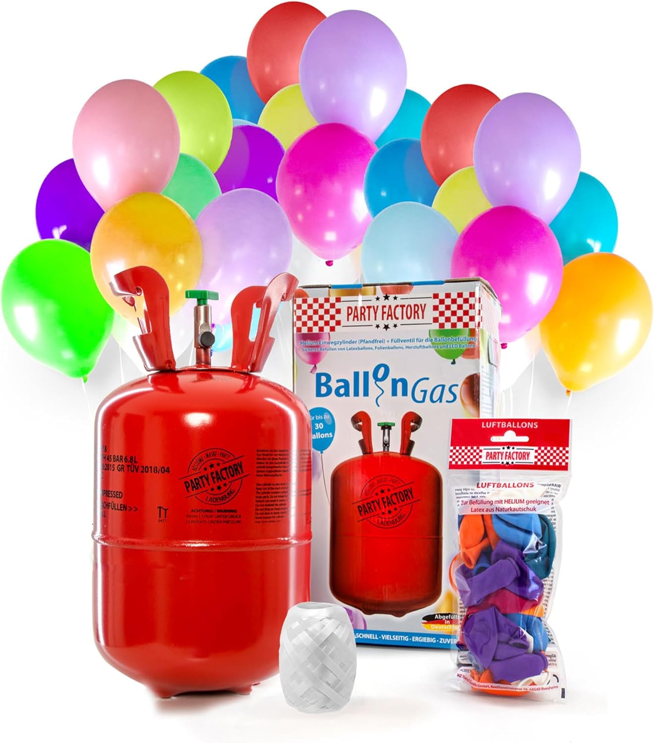 Party Factory Helium Tank for up to 30 Balloons incl. Latex Balloons, Helium Cylinder 7 cu. ft. Gas with filling quantity for Balloons, Ideal for Birthday Party, Wedding