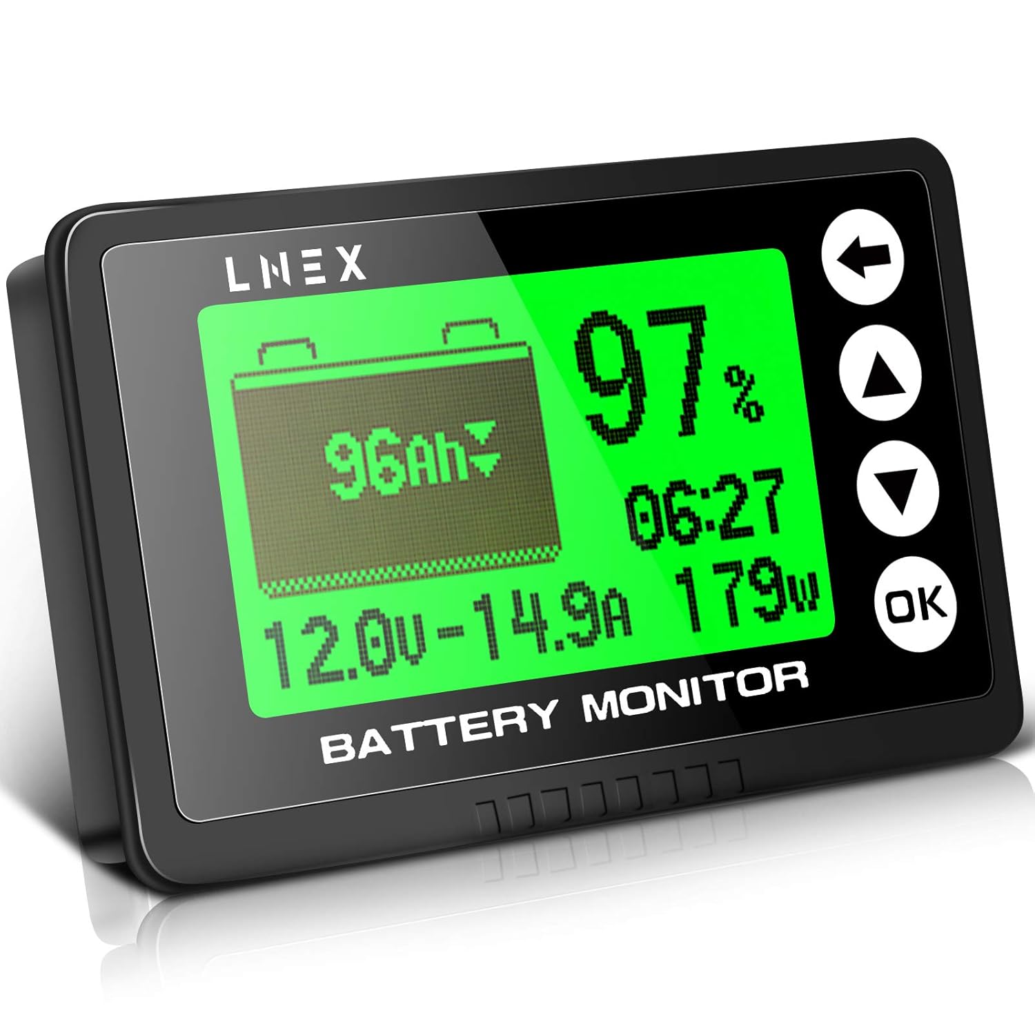 LNEX Portable Battery Monitor with Shunt, 500A Automotive Car Battery Monitor for RV Battery 10V-120V, with High and Low Voltage Programmable Alarm and 26ft Shielded Wire