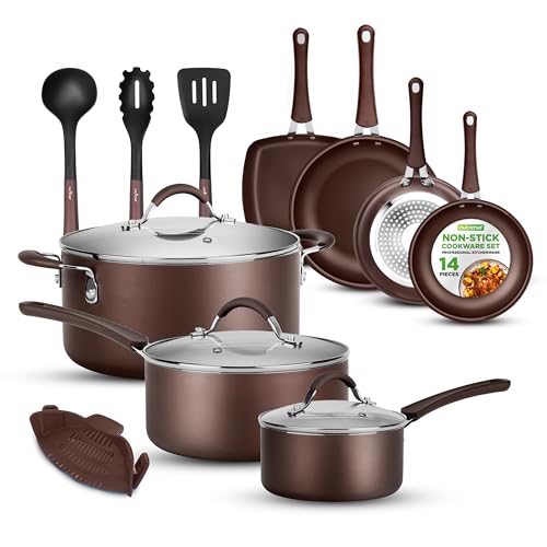NutriChef 14-Piece Nonstick Cookware PFOA/PFOS-Free Heat Resistant Lacquer Kitchen Ware Set w/Saucepan, Frying Pans, Cooking, Dutch Oven Pot, Lids, Utensils, NCCW14S, Shiny Golden