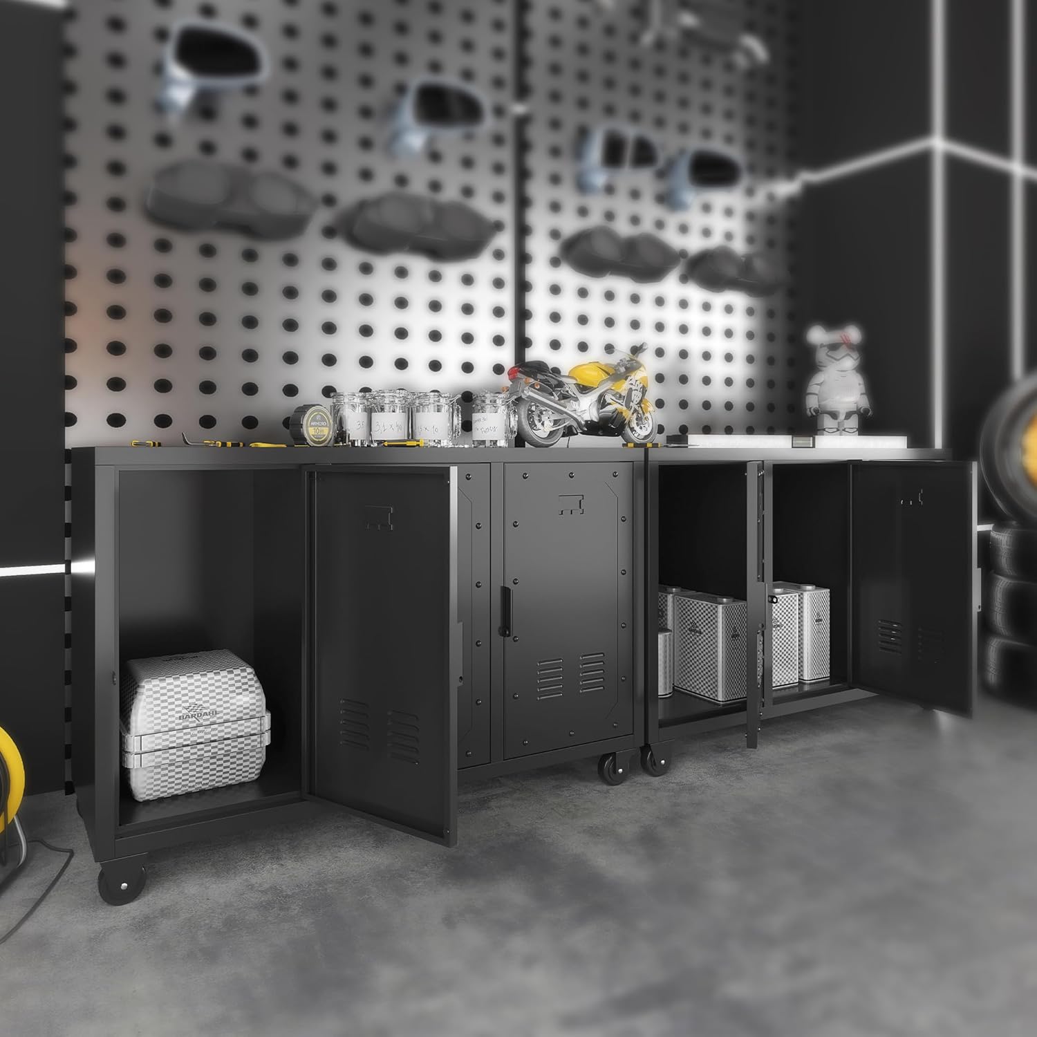 Metal Storage Cabinet with Wheels,Garage Storage Cabinet with 3 Doors,Sturdy and Durable Heavy Duty Utility Storage Cabinet for Office Kitchen Pantry Organizer Storage Room