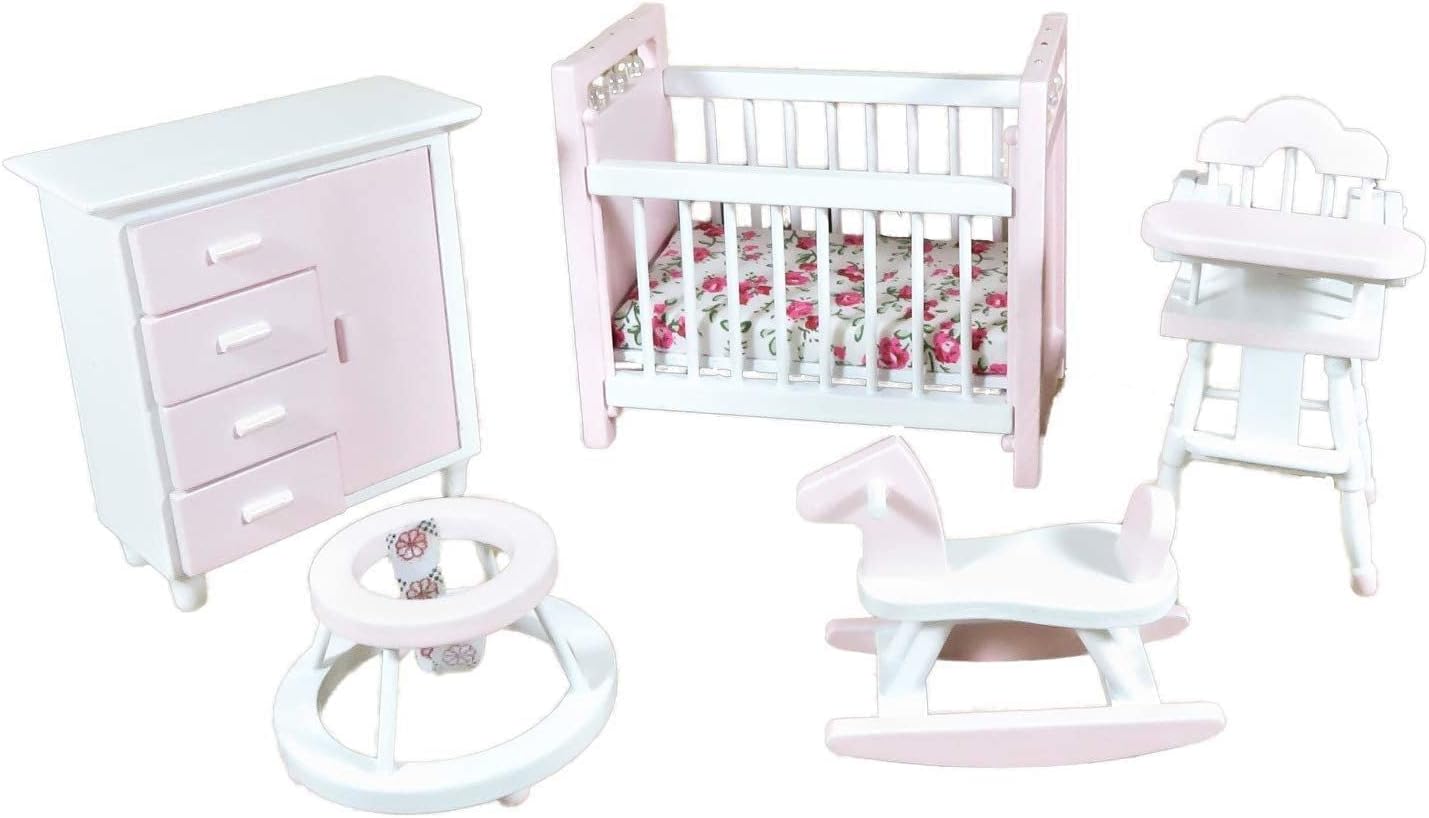 Dolls House Pink & White Nursery Furniture Set Miniature Baby Girl Room