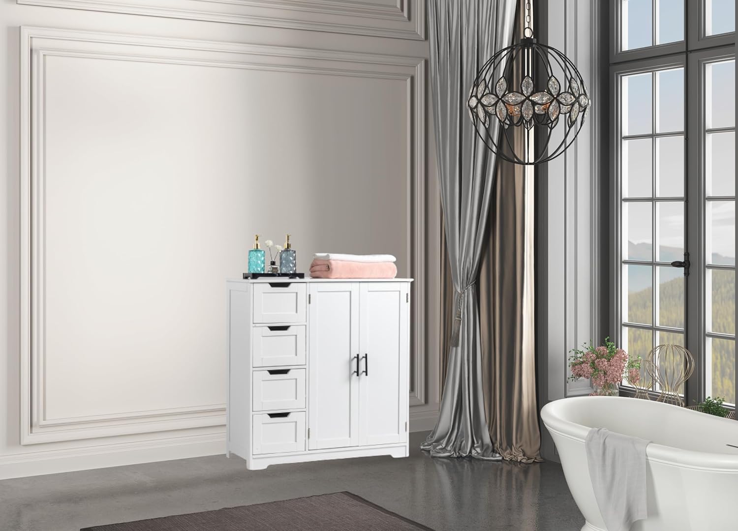 White Bathroom Storage Cabinet, Freestanding Floor Cabinet w/Doors & Drawers, Bathroom Storage Unit, Kitchen Cupboard Side Cabinet for Living Room Entryway 31.5