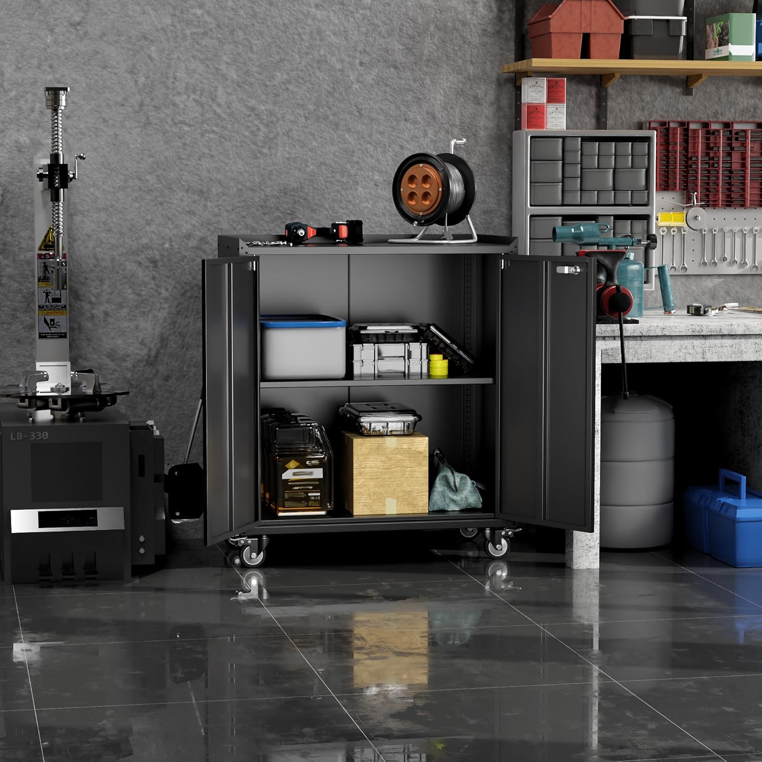 Metal Storage Cabinet on Wheels, Roling Tool Cabinets for Garage, Metal Cabinet on Wheels, Roling Metal Storage Cabinet with Adjustable Shelves for Garage, School, Home, Warehouse (Black)