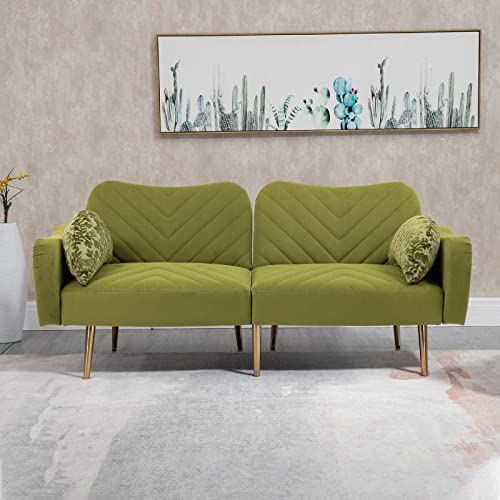 Modern Velvet Futon Sofa Bed, Convertible Loveseat with 2 Crescent-shaped Pillows, Small Sleeper Sofa with 3 Adjustable Positions, Upholstered Living Room Couch with 7 Metal Tapered Legs, Beige