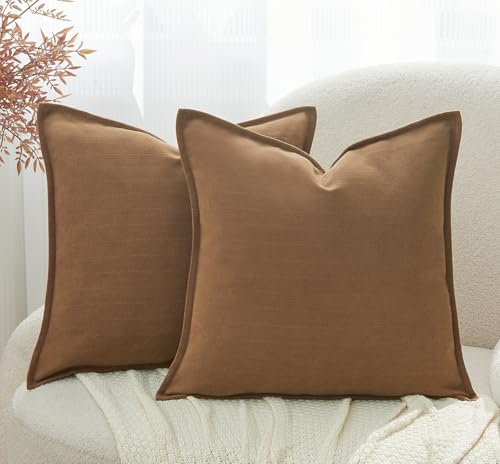 Throw Pillow Covers Neutral Khaki Set of 2 18x18 Inch Pillow Covers, Soft Chenille Farmhouse Decorative Pillowcases for Couch Sofa Bed Living Room, Home Boho Decor, Modern Cushion Covers