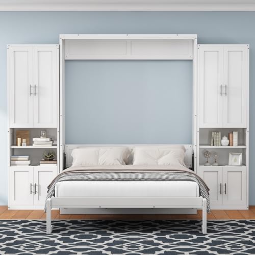Rophefx Murphy Bed Queen with 2 Side Cabinet Storage Shelves Combo, Queen Wall Bed Cabinet with USB Port, Foldable Platform Bed, Space Saving Bed Frame, Modern Hidden Bed for Guest Room, Home, White