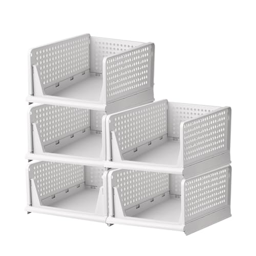 Stackable Plastic Storage Basket - Foldable Closet Organizers and Storage Box Bins Drawer Shelf Storage Container for Cupboard Wardrobe Kitchen Bathroom Office ( 5 * 5L) (White, Large)