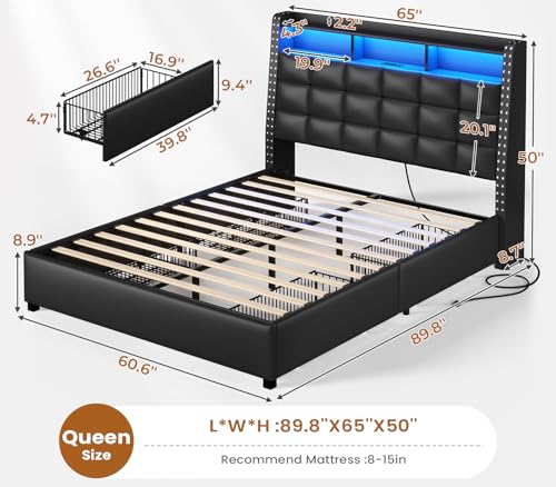 Itaar Queen Bed Frame with Storage Headboard and 4 Drawers, 50