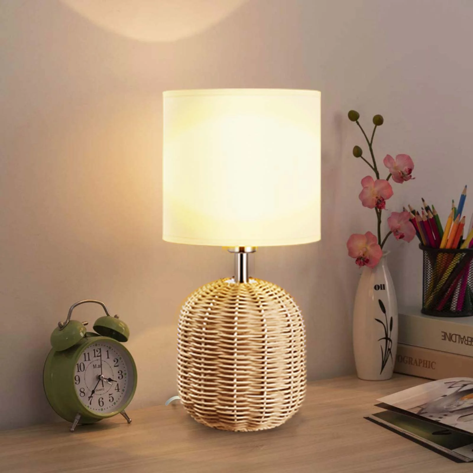 ArcoMead Casual Table Lamp, Weave Rattan Base with White Fabric Drum Shade Bedside Desk Nightstand Lamp for Living Room, College Bookcase, Country Cottage, Farmhouse, Natural E12