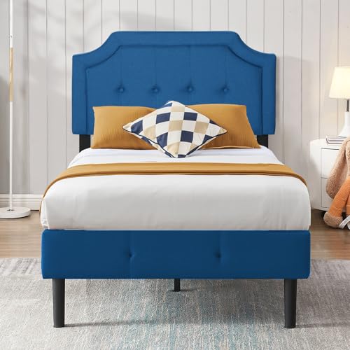 VECELO Upholstered Platform Bed Frame with Adjustable Headboard, Wooden Slats Support, No Box Spring Needed, Modern Style, Twin Size