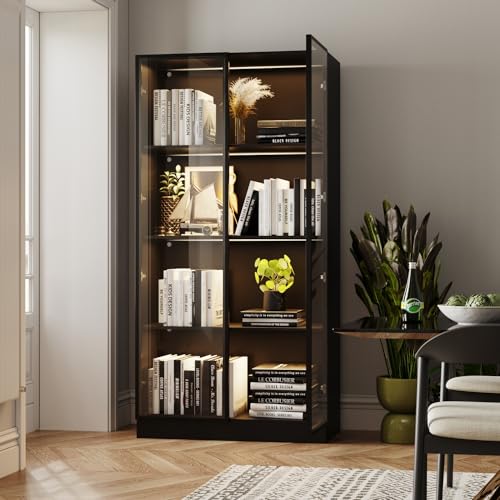 Display Cabinet with Glass Doors & Lights, 3-Tier Storage Cabinet + 2 Drawers Trophy Curio Display, Lighted Bookcase for Home Office, Black…
