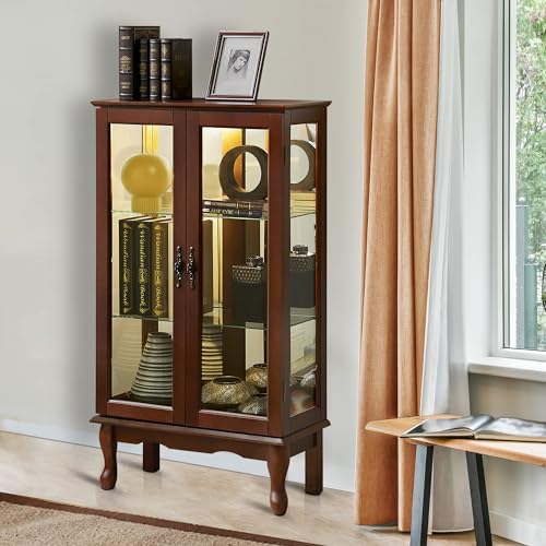 Wooden Lighted Curio Display Storage Cabinet with 3-Tier Adjustable Shelves Mirrored Back Panel, Tempered Glass, Magnetic Door Closures, Floor Mount, Classic Style, Walnut