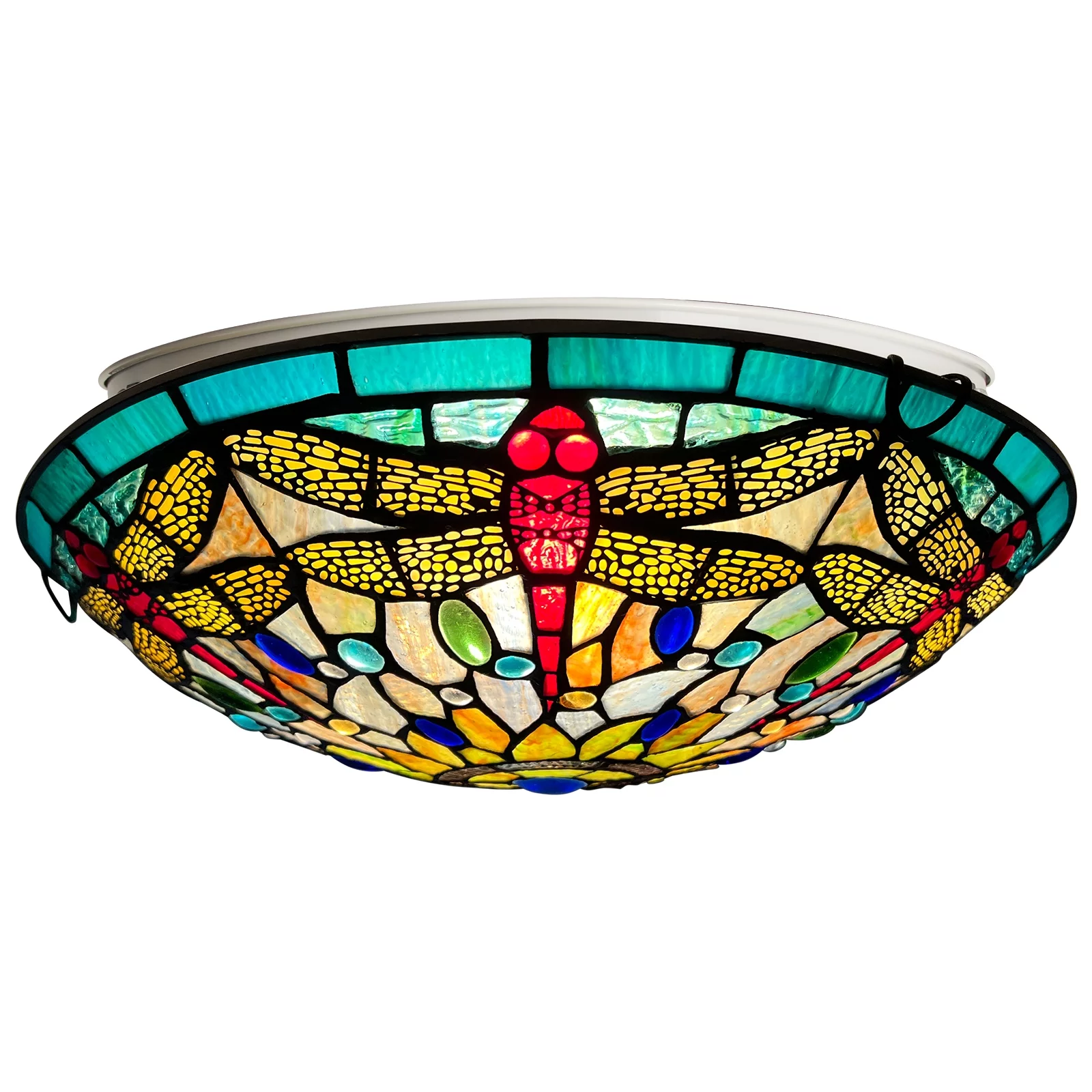 Tiffany Ceiling Light 16 Inch 3-Light Red Dragonfly Stained Glass Flush Mount Light