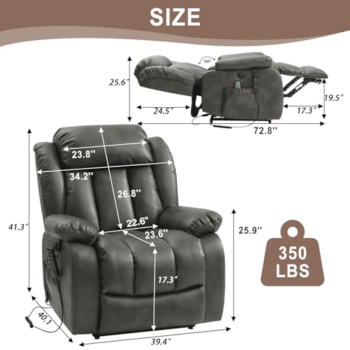 Dual Motor Lay Flat Lift Chairs Recliners for Elderly with Massage and Heat,Infinite Position Overstuffed Wide Power Lift Recliner, Genuine Leather, USB Ports and Remote Controls (Black)