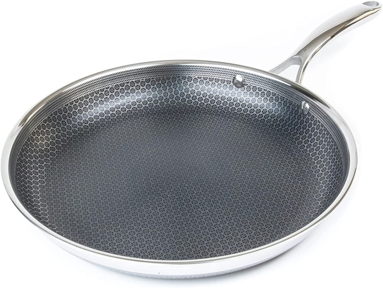 HexClad 12 Inch Hybrid Stainless Steel Frying Pan with Cooking Lid - Stay Cool Handle  PFOA Free  Dishwasher and Oven Safe  Non-Stick  Works with Induction Cooktop  Gas  Ceramic  and Elec