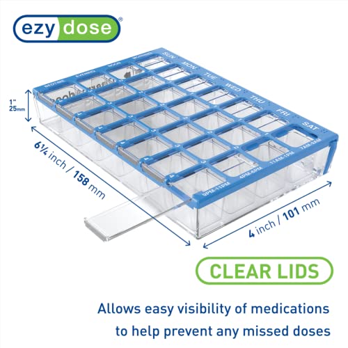 EZY DOSE Weekly AM/PM (7-Day) Pill Case, Medicine Planner, Vitamin Organizer, Large Easy Fill Compartments, 4 Times a Day, Clear Lids, Blue, BPA Free