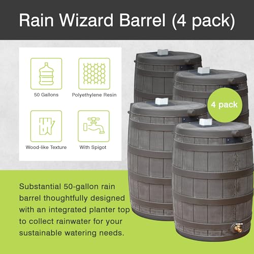 Good Ideas Rain Wizard Water Storage Collection Barrel with Brass Spigot, Safety Screen, and 50 Gallon Capacity, Green (3 Pack)