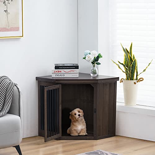 MCombo Furniture Corner Dog Crate, End Table Dog Kennel with Door, Wooden Dog House, Pet Crate Indoor Use 1578 (Medium, White and Brown)