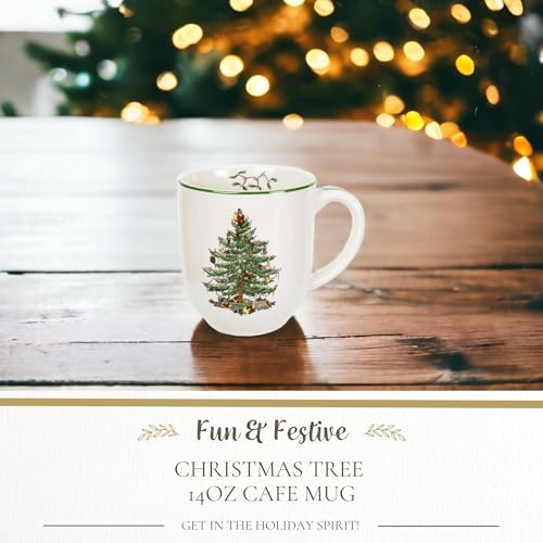 Spode Christmas Tree Cafe Mug - 14 Oz Ceramic Holiday Coffee Mugs for Tea, Hot Chocolate, Lattes - Festive Design with Santa & Christmas Tree Motif - Microwave & Dishwasher Safe