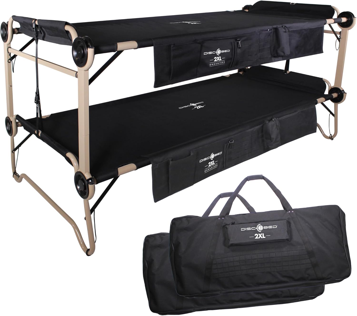 Disc-O-Bed 2XL Cam-O-Bunk Outdoor Convertible 2 Person Bench/Double Camping Cot Portable Bed for Adults with 2 Side Organizers, Black
