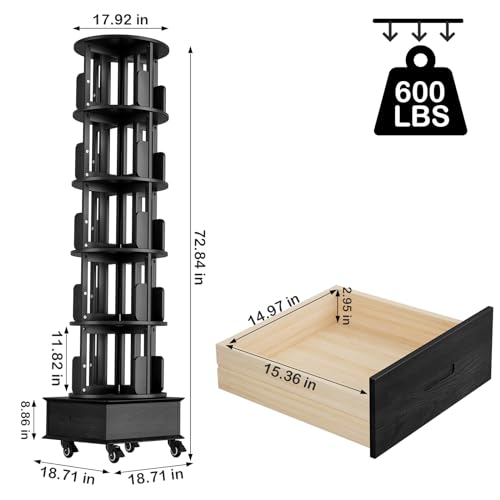 Solid Wood Rotating Book Shelf, 360° Display Bookcase with Drawer, 5-Tier Mobile Bookshelf with Wheels, 79