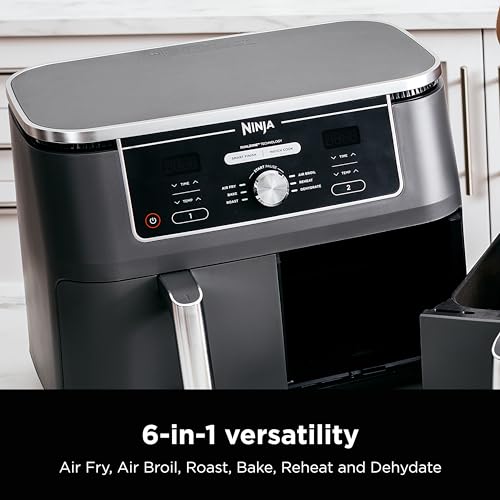 Ninja Foodi 10QT 6-in-1 DualZone Smart XL Air Fryer, 2 Independent 5QT Baskets, Smart Cook Thermometer, Match Cook, Smart Finish, Air Fry, Roast, Bake, Dehydrate, Reheat, Grey, DZ550