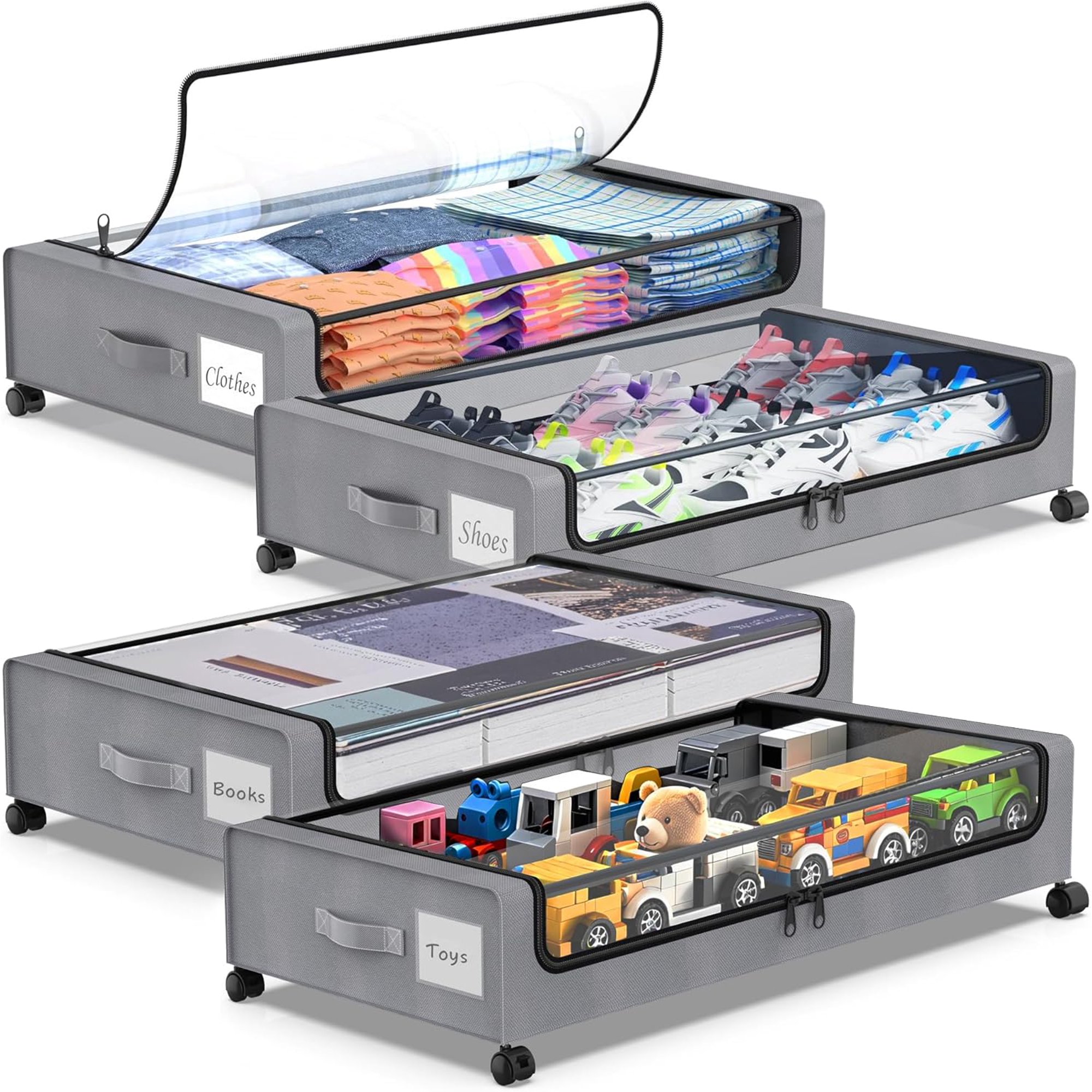 Under Bed Storage with Wheels, 4-Pack Under Bed Storage Containers with Clear Lids, XXL 60L Under the bed storage Organizer Bins, Rolling Under Bed Metal Drawer for Clothes,Shoes,Toys (Gray)