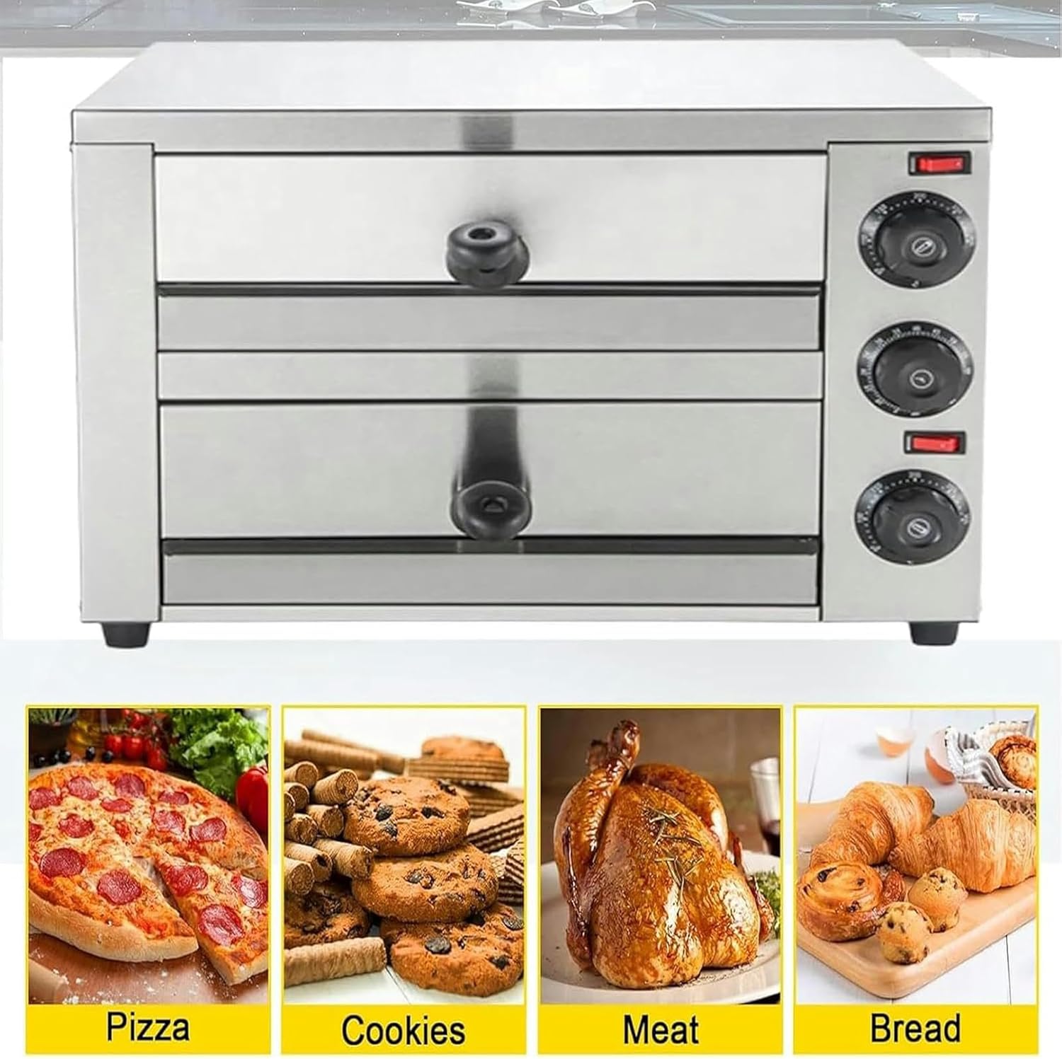 Countertop Pizza Oven Electric Indoor Pizza Oven Commercial Stainless Steel 2-Layers Pizza Cooker with Timer for Home Restaurant Silver