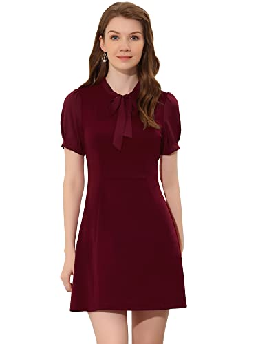 Allegra K Elegant Dresses for Women's Tie Neck Puff Short Sleeve Office Work Dress