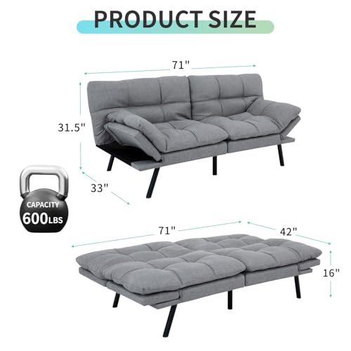 MUUEGM Memory Foam Futon Sofa Bed, Futon with Adjustable Backrests Armrests and Convertible, Modern Design Futon Couch for Living Room, Apartment, Office, Small Room, 71