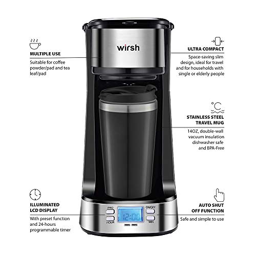 wirsh Single Serve Coffee Maker- Small Coffee Maker with Programmable Timer and LCD display, Single Cup Coffee Maker with 14 oz.Travel Mug and Reusable Coffee Filter,NON-POD Coffee Maker,Black