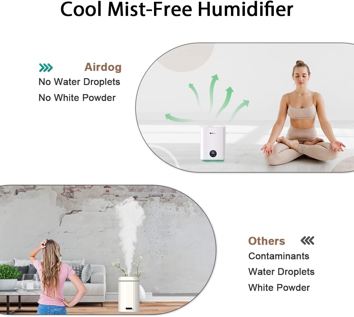 Airdog Humidifiers, Cool Mist-Free Evaporative Humidifiers for Bedroom Large Room Home Baby Room, 3L Top Fill Humidifiers, Easy to Clean, Whisper Quiet, Remote Control, Auto Shut-off