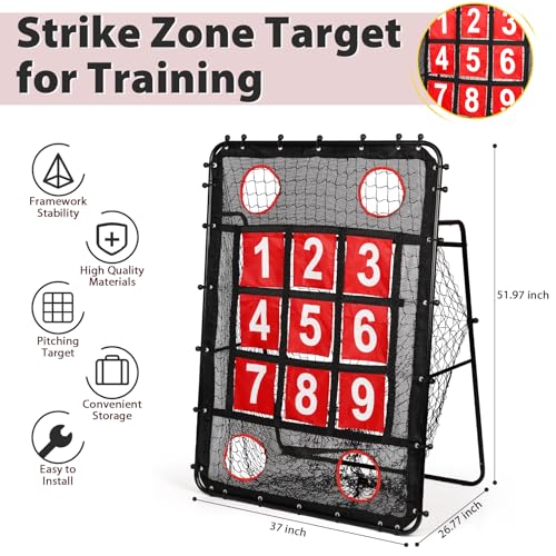 Pitching Net with Strike Zone, 9 Hole Baseball Pitching Target, Portable Softball Baseball Training Equipment with Carry Bag