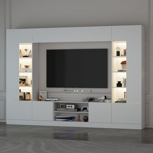 Glossy Entertainment Center with Storage, 94.5”W Wall Unit TV Stand with Bookshelves & Adjustable Shelves, Modern Media Center Cabinet with Bridge, for Living Room Bedroom, Black