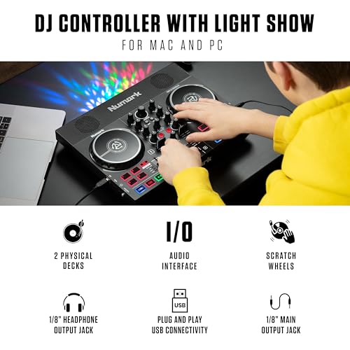 DJ Controller Bundle - USB DJ Set with Party Lights, 2 Decks, DJ Mixer, Audio Interface and DJ Headphones - Numark Party Mix II and HF175