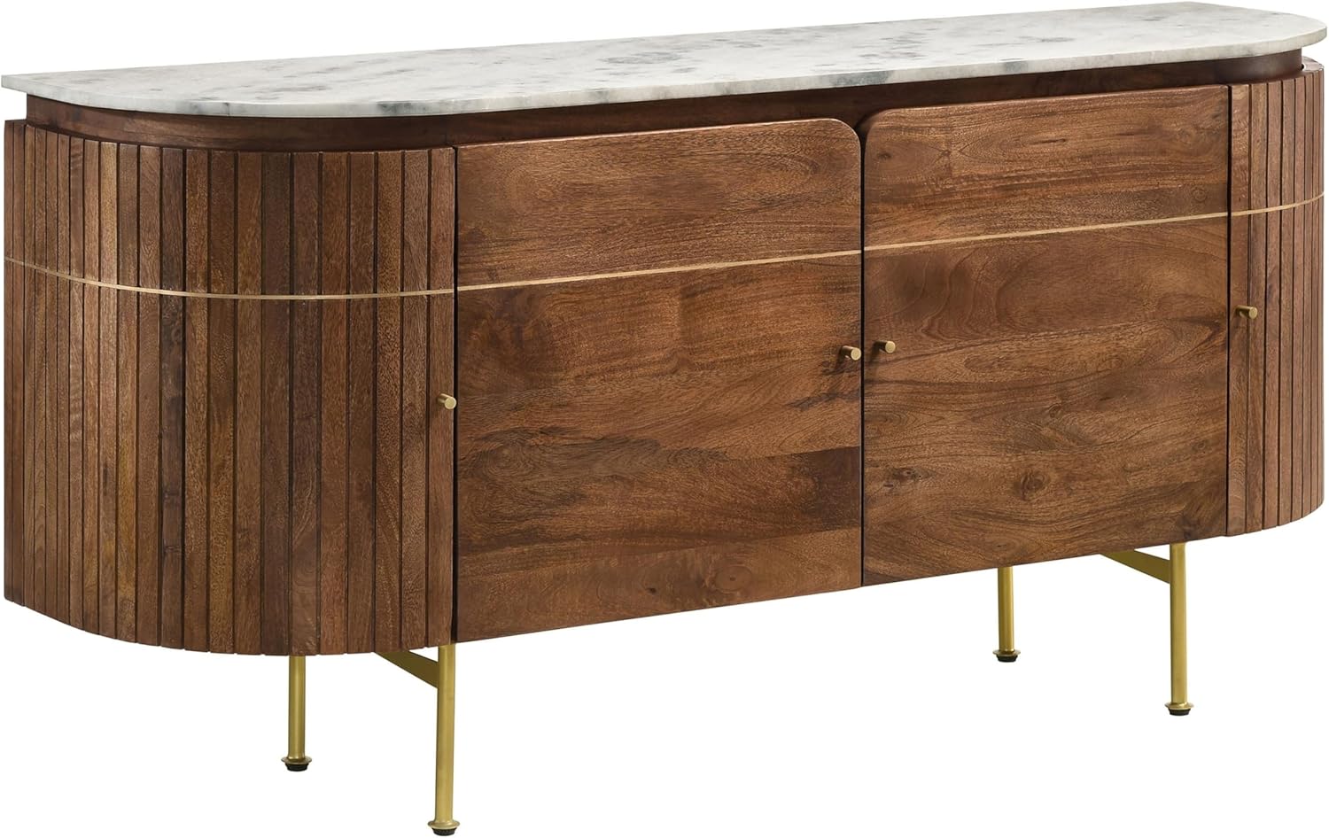 Benjara Evi 63 Inch Dining Sideboard Server, Curved Marble Top, White, Brown and Brass