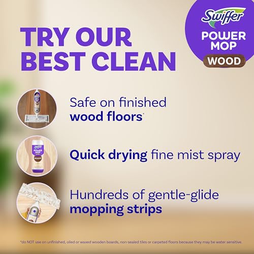 Swiffer Power Mop Wood, Hardwood Floor Cleaner for Mopping Home, Bathroom, Kitchen, All Purpose Multi-Surface Cleaning Set includes PowerMop Wood, 2 Pads, 1 QuickDry Lemon Solution, & 2 Batteries