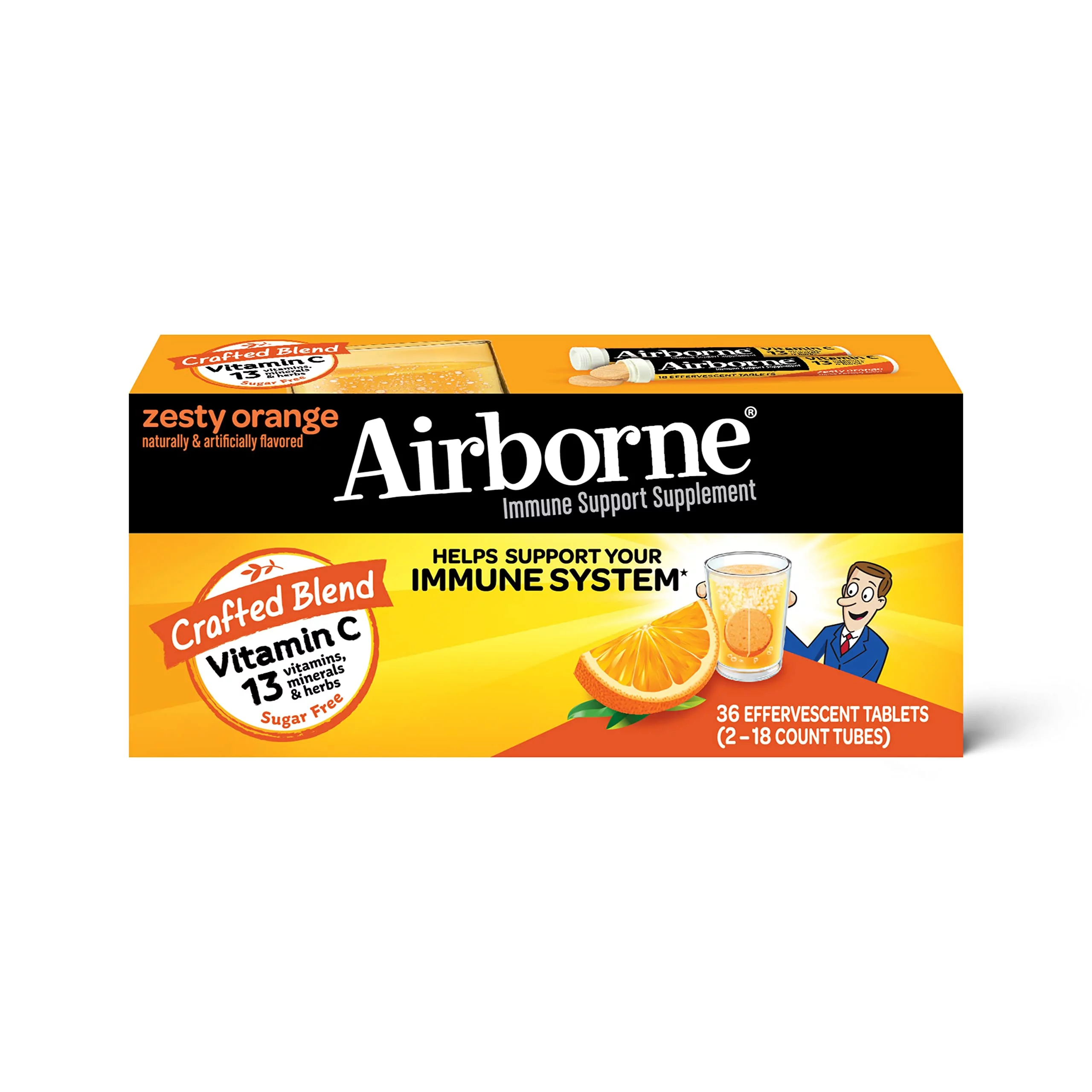 Airborne 1000mg Vitamin C with Zinc Effervescent Tablets, Immune Support Supplement with Powerful Antioxidants Vitamins A C & E - 36 Fizzy Drink Tablets, Zesty Orange Flavor