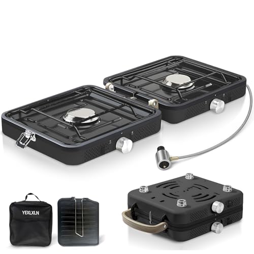 2-Burner Foldable Camping Stove with Griddle and Carrying Bag, Portable Propane Camp Stove with 2 Adjustable Burners & Piezo Ignition for Camping Tailgating Essentials Gear