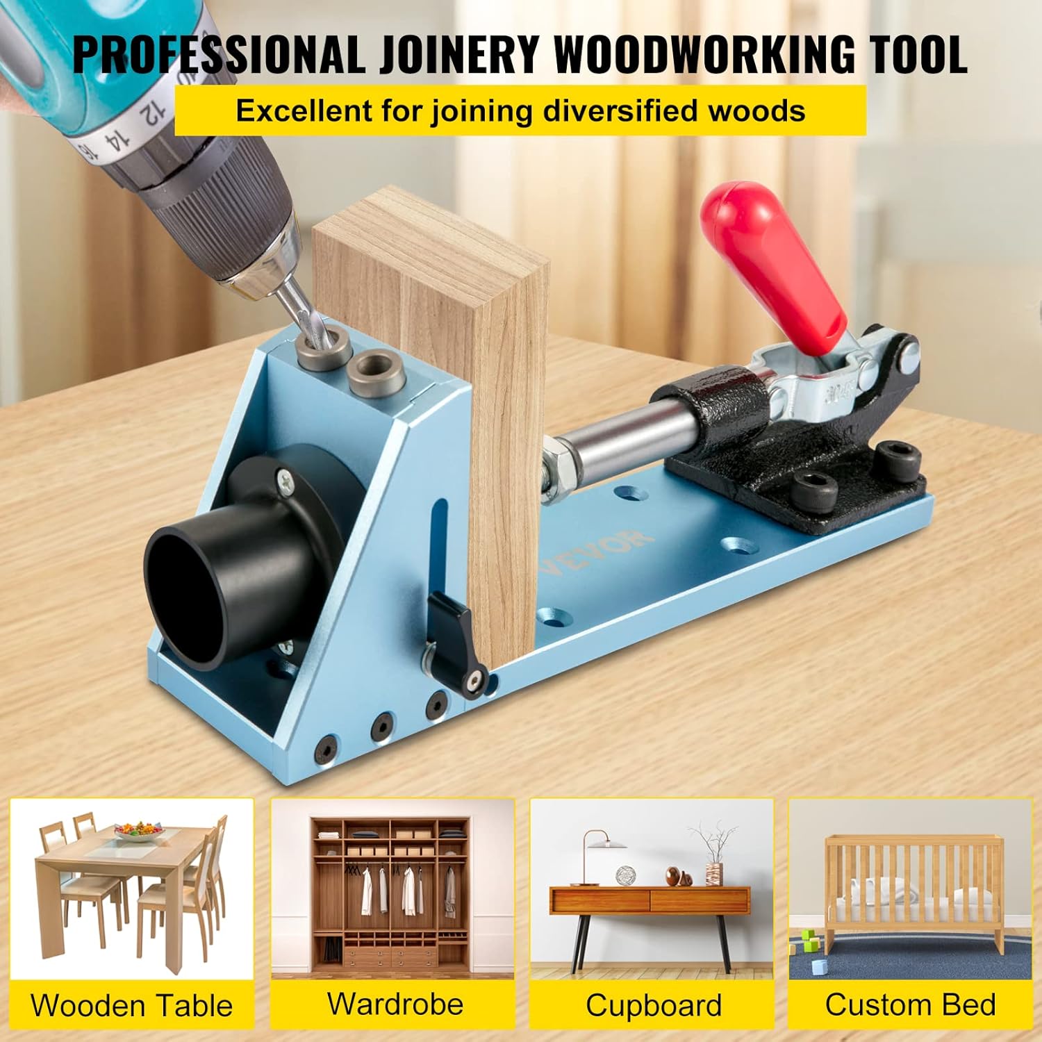 VEVOR Pocket Hole Jig Kit, Adjustable & Easy to Use Joinery Woodworking System, Aluminum Punch Locator, Wood Guides Joint Angle Tool w/Extension Rod Screws for DIY Carpentry Projects