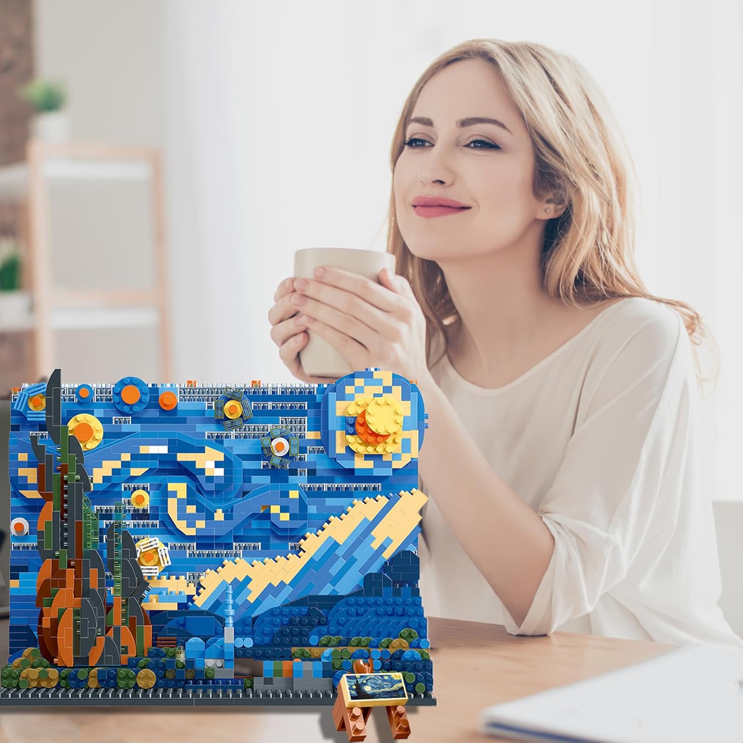 Starry Night Building Kit - 1858 Pcs Van Gogh Painting Kits The Office Set Stitch Wall Art Building DIY Compatible with Lego Blocks Sets Christmas and Birthday Gift for Kids Adults