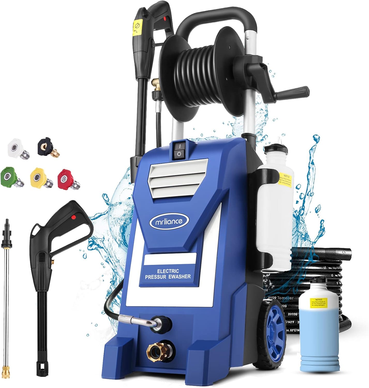 Pressure Washer mrliance Electric Power Washer 1800W High Pressure Washer MR3000 Professional Car Washer with Hose Reel, 5 Nozzles, Soap Bottle for Cleaning Houses Driveways Fences Garden (Blue)
