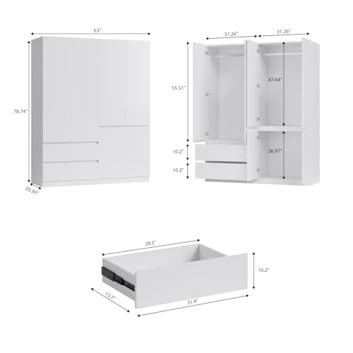 Armoire Wardrobe Closet with Drawers and Doors, 4 Door 2 Drawers White Bedroom Armoires Wooden Wardrobe with Shelves and Hanging Rod, 20.39