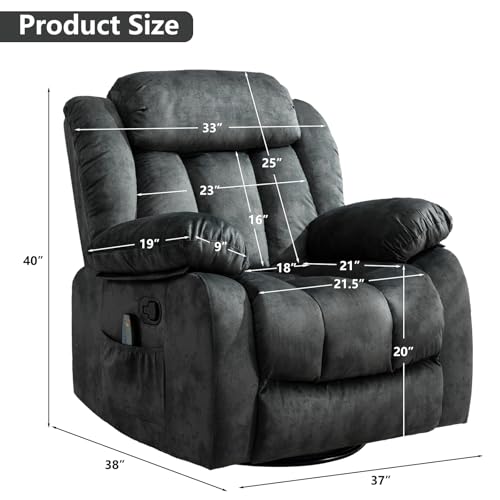 CANMOV Massage Swivel Rocker Recliner Chair with Heat and Vibration, 360 Degree Swivel Manual Recliners Antiskid Fabric Single Sofa Heavy Duty Reclining Chair for Living Room, Grey